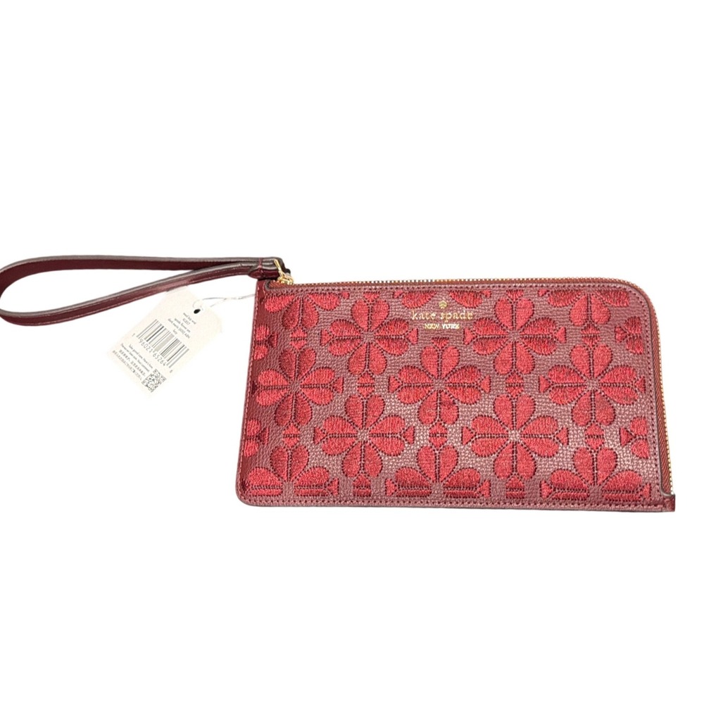 Kate Spade Lucy Spade Flower Embroidered Medium L-Zip Wristlet Dark Merlot KL857